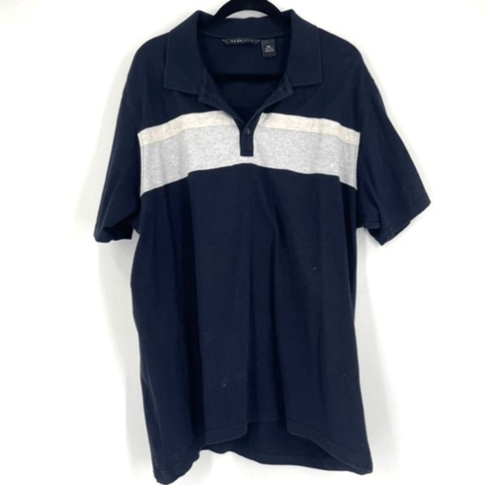Sean John Polo Shirt Mens 2XL Navy Blue Grey Stripe Short Sleeve Y2K Streetwear